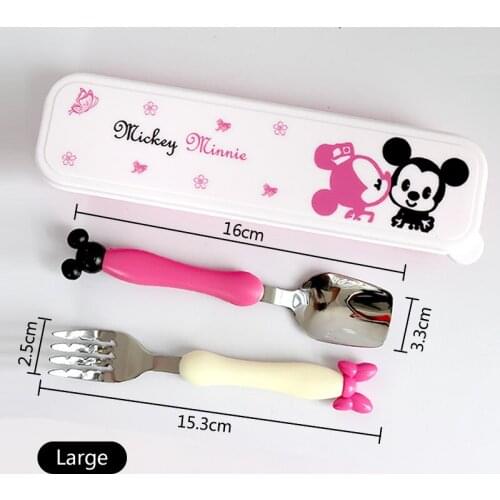 Children Cartoon Minnie Mickey Spoon Fork Portable Box Set Kids Stainless Steel Cultery 2pcs/Set Baby Feeding Tableware