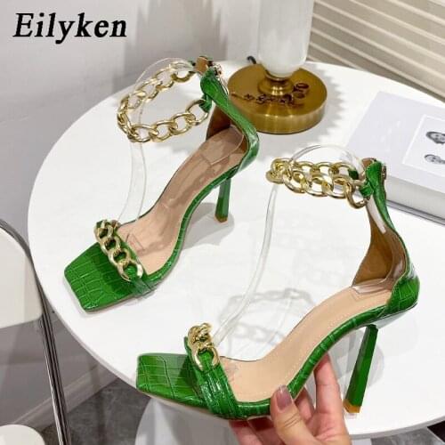Eilyken 2022 New Metal Zipper Chain Decoration Sandals Fashion Snake Print Square Toe Women Slides Stiletto High Heel Shoes