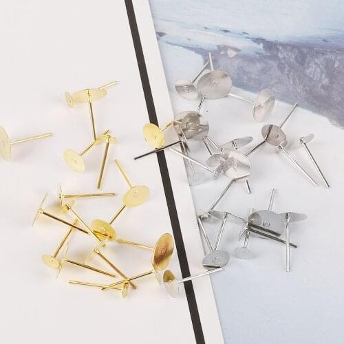 Hot Fashion 100Pcs Gold/Rhodium Metal Color Fit Gold Earring Post Flat Base Pins Settings For DIY Jewelry Making Findings