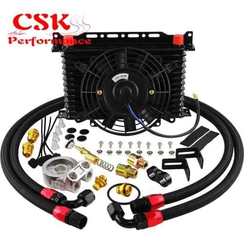13 Row Oil Cooler Kit w/Thermostat Oil Filter Adapter Kit+7" Electric Fan Kit