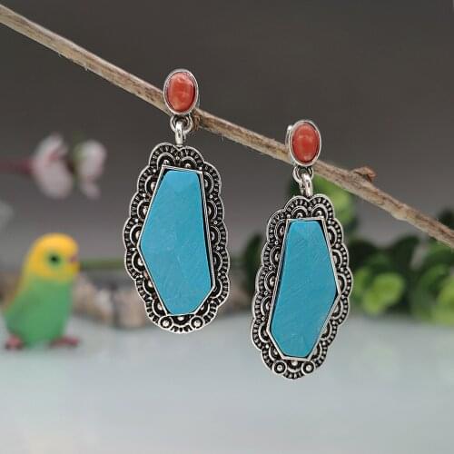 Fashion Vintage Tibetan Silver Turquoises Earring Blue Stone Dangle Earrings for Women Boho