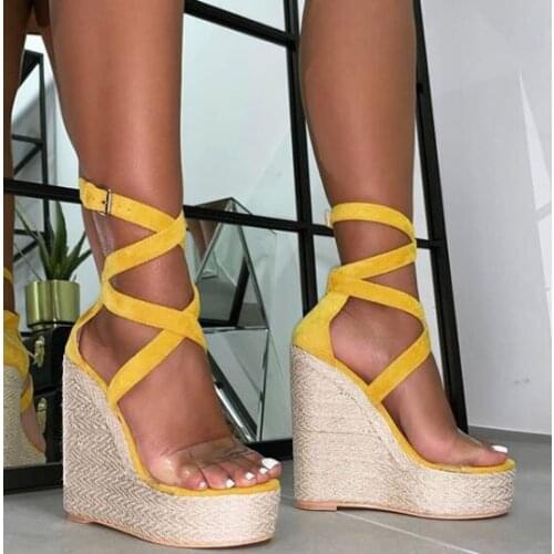 Moraima Snc PVC Patchwork Platform Wedge Sandal Open Toe Rope Braided Buckle Strap Shoes Summer Cutouts Dress Shoe Yellow