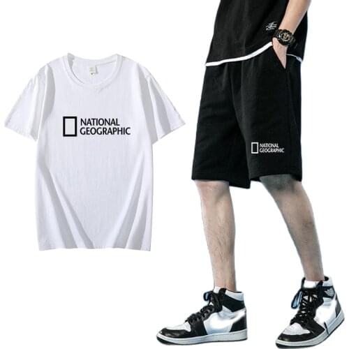 New National Geographical Indication Brand Mens Casual T-shirt Shorts Set 2021 Summer Sports 100% Cotton 2-Piece Set