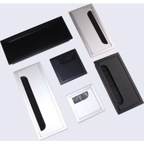Aluminum Alloy L 160mm Table Desk Rectangle Wire Cable Grommet Hole Cover Outlet Port with Black Brush