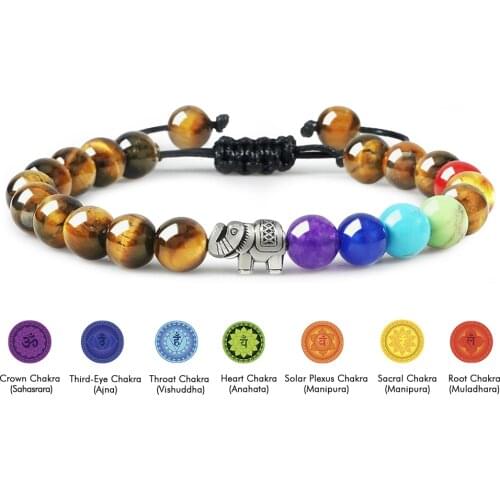 Natural Tiger Eye Stone Men Bracelets Reiki 7 Chakra Healing Beads Bracelet Black Lava Stretch Charm Elephant Mala Bangles Women