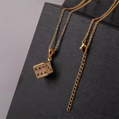 High Quality CZ Cubic Zirconia Copper Metal 3D Stereo Dice Pendants Necklaces For Women Stainless Steel Chain Gold Necklace Gift