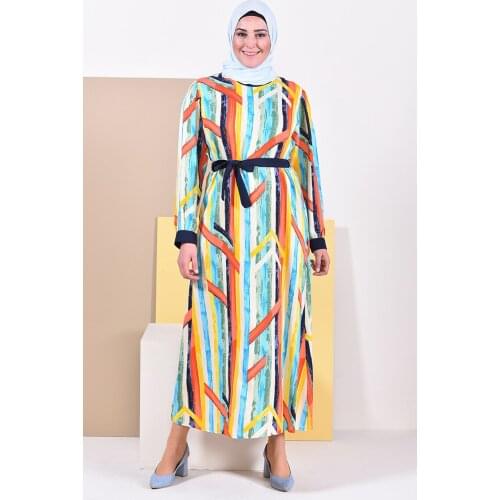 Minahill Large Size Patterned Viscose Dress 4477-01 Coral Blue 4477-01