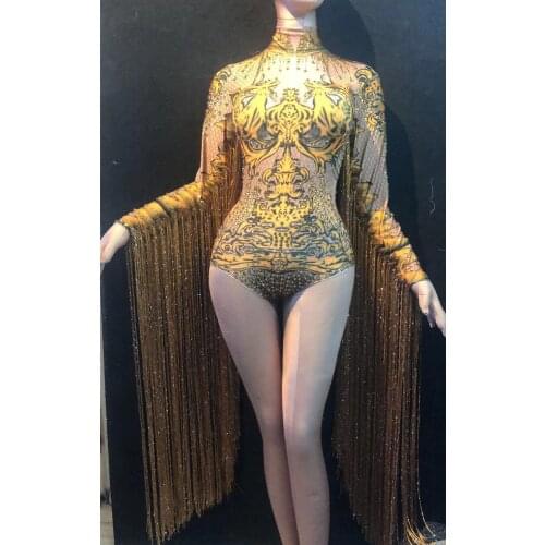 Festival Clothing Women Dance Stage Wear Nightclub Rhinestones Long Tassel Sleeves Bodysuit Birthday Celebrate Bar Outfit