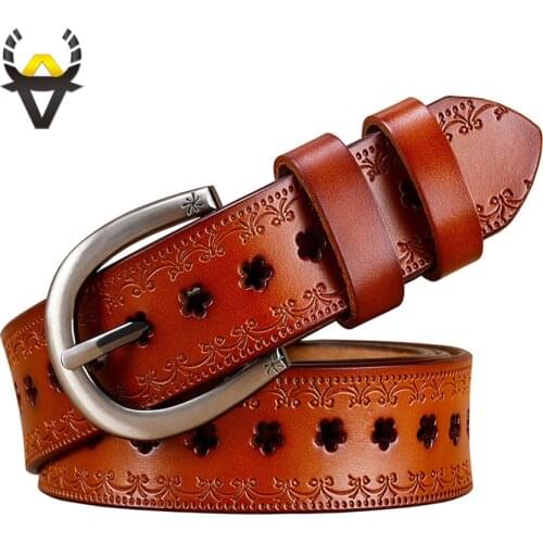 Fashion Hollow Genuine leather belts women Vintage Pin buckle floral belt woman Cow skin waist strap female girdle width 2.8 cm