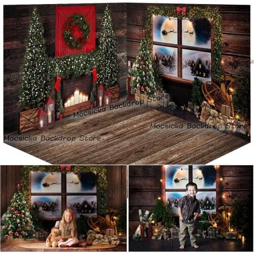 Christmas Backdrop for Fireplace Windows Photography Children Kid Birthday Portrait Photo Background Studio X-mas Holiday Party