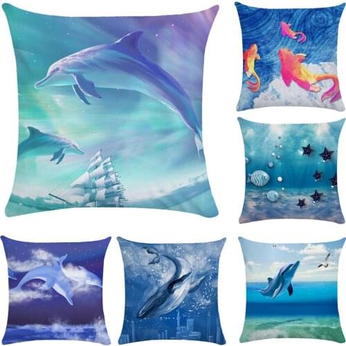 Hand Painted Fish Pillow Cover Dolphin Pillow Case Plush Underwater World Throw Pillows for Bedroom Cushion Cover 45X45 Square