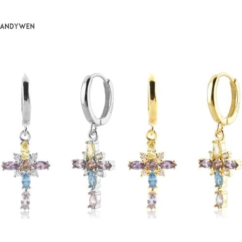 ANDYWEN 925 Sterling Silver Rainbow CZ Cross Drop Earring Piercing Luxury Crystal Women Luxury Jewelry Gift 2021 Loops Rock Punk