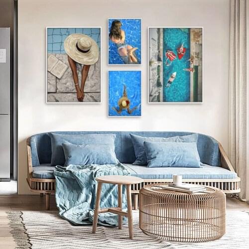 Modern Sexy Bikini Woman Poster and Print Blue Swimming Pool Fashion Beauty Wall Art Canvas Painting for Living Room Home Decor