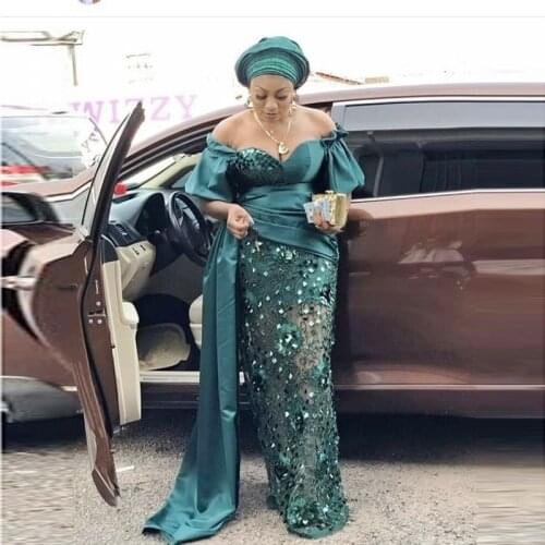 Teal Aso Ebi South African Evening Dresses Sheath Off The Shoulder Lace Bead Nigeria Dubai Saudi Arabic Evening Gown Prom Dress