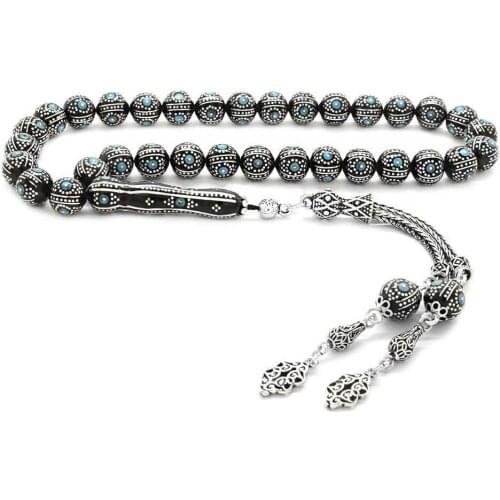 Tesbihane 925 Sterling Silver Tassels Silver-Turquoise Embroidered Erzurum Oltu stone Rosary