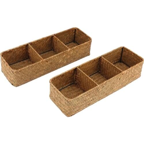 3-Section Wicker Baskets for Shelves, Hand-Woven Water Hyacinth Storage Baskets, 2-Pack Toilet Paper Basket