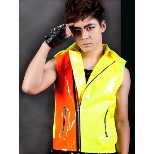 XS-XXXL ! 2016 Fashion mens clothing personalized neon color block motorcycle leather vest costume singer costumes clothing
