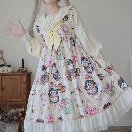 Japanese Soft Girl Lolita Long Sleeve Dress High Waist Op Princess Lolitas Stitching Cartoon Cute Cosplay Anime Women Dresses