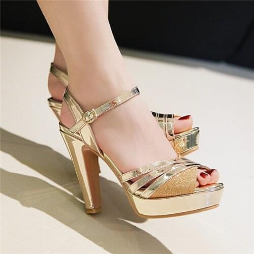 YMECHIC 2019 Summer Glitter Mirror Pu Gold Silver Bling Wedding Bridal Party High Heels Sandals Women Shoes Plus Size Platforms