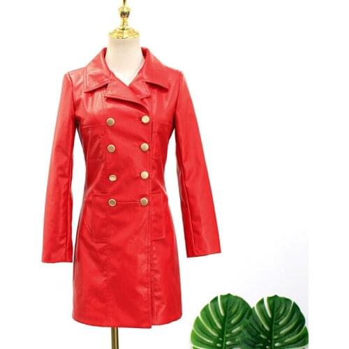 Womens leather jacket fashion IU double breasted leather jackets womern Leather Long Coat chaqueta cuero mujer L484