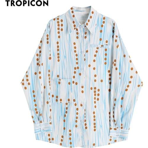TROPICON Light Blue Long Sleeve Oversized Shirt For Women Dot Print Button Up Collared Blouse Spring Summer 2021 Women Fashion