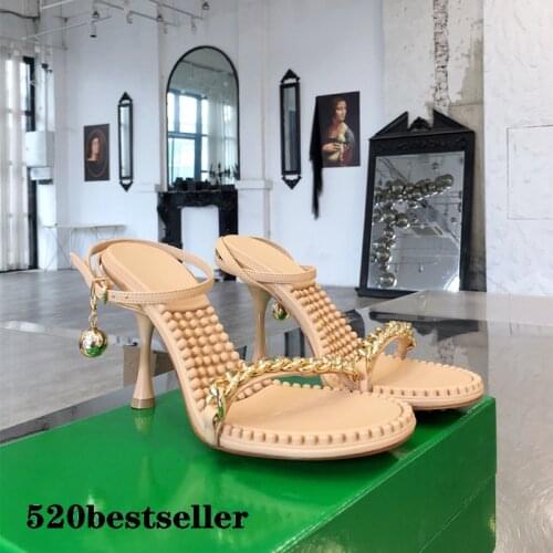 Summer nude Runway sandals high heels for women Lady high heels shoes round toe Polka Dot Chains Slingback Strap Thin Heels 2021