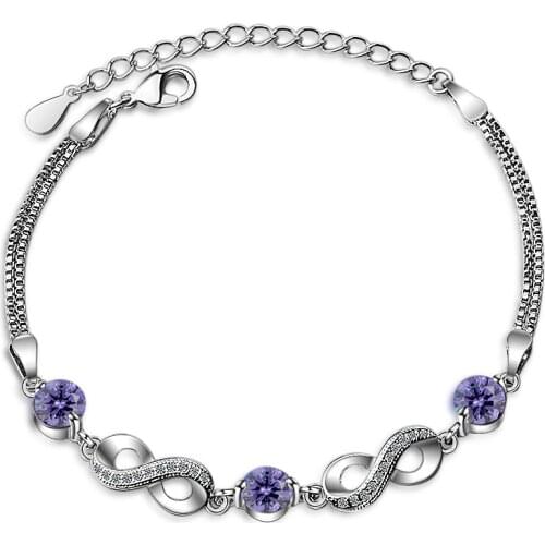 Trendy Silver Color Infinity Charm Bracelet For Women Purple Crystal with CZ 8"Shaped Bracelet Engagement Jewelry Gift