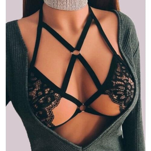 Women Sexy Cut Out Sheer Lingerie Underwear Strap Nightwear Lace Harness Bra Perspective Crop Top Cage Bra Harness Sexy Body Hot