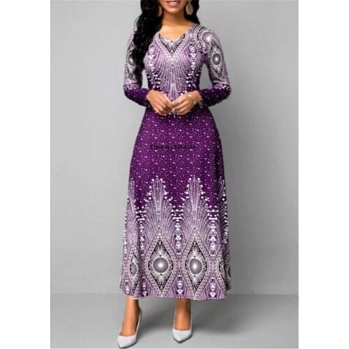 2020 Spring Summer Dress Women Casual Plus Size Slim Ball Gown Maxi Dresses Elegant Vintage Print Sexy V Neck Long Party Dress