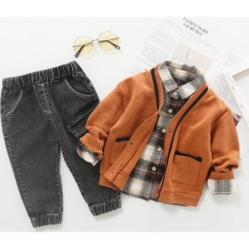 3 Pieces/sets New Arrival Casual Baby Cute Clothing Long Sleeve Plaid Shirt Cardigan Pants Sets Autumn Boys Korean Outfit Set