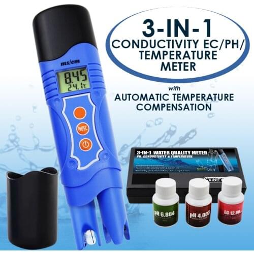 3-in-1 Conductivity EC & pH & Temperature Multi-parameter Tester Digital Pen ATC, Water Quality Test Analyze Calibration Kit