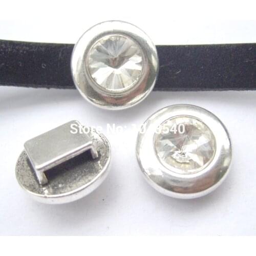 5Pcs Antique Silver Color Rhinestone 10mm Flat Slider Beads for 10x2mm Leather Bracelet Jewelry Findings