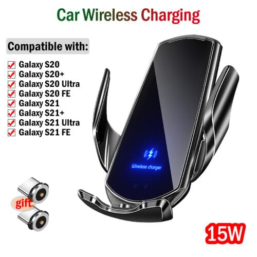15W Fast Car Wireless Charger+Magnetic Charging for Samsung Galaxy S20 S21 Ultra Plus FE 5G Automatic Infrared Sensor Car Holder