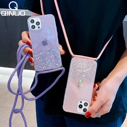Hang Neck Strap Lanyard Clear Case For iPhone 11 Pro Max 12 Mini XS X XR 6 6S 8 7 Plus 5S SE 2020 Soft Glitter Star Sequin Cover