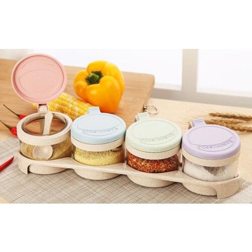 1SET Wheat Straw Seasoning Condiment Spice Bottles Storage Container Condiment Jars Sugar Bowl Cruet Castor Storage Jar JO 1071