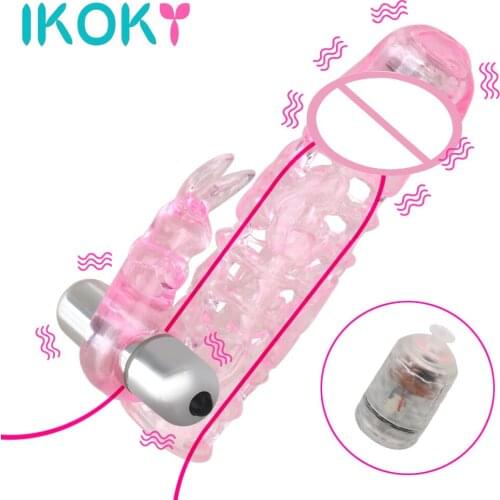 IKOKY Double Vibrators Condom Penis Enlargement Delay Ejaculation Cock Sleeve Reusable Silicone Condoms Sex Tools For Couples