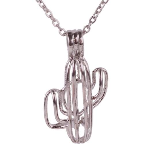 K1663 Dull Silver copper cactus plant Bead Pearl Cage Aroma Essential Oil Diffuser Locket Necklace with stainless steel chain