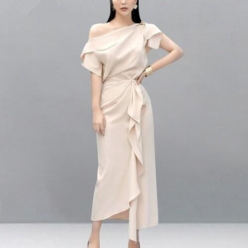 New 2020 Runway fashion Summer 2 Pcs Set Elegant Womens One Shoulder Sexy Crop Tops + high waist Ruffles Long Skirts Set