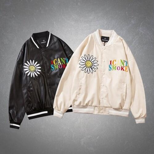 New Hip Hop PU Leather Bomber Jacket Mens Daisy Embroidery Letters College Jackets Streetwear Patchwork Baseball Coats Couples