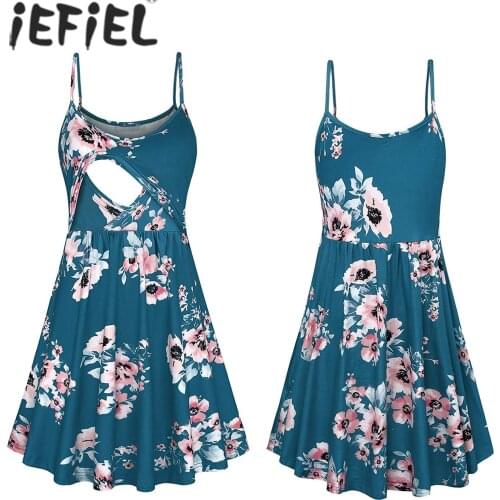 Summer 2021 Maternity Dress Pregnant Women Floral Tunic Breastfeeding Dress Pregnancy Clothes Spaghetti Strap Nursing Dress