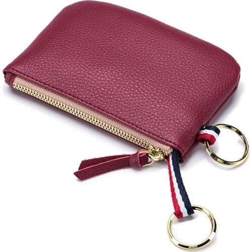 Genuine Leather Small Coin Purse Women Slim Credit Card Wallet with 2 Key Ring