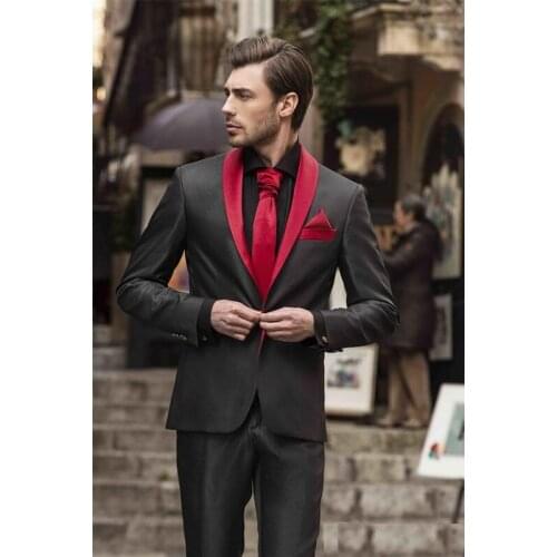 Red And Black Men Suits Three Pieces Mens Prom Tuxedos Suits Blazer Man Wedding Dress Prom Dress Party Suits(Jacket+Pants+Vest)