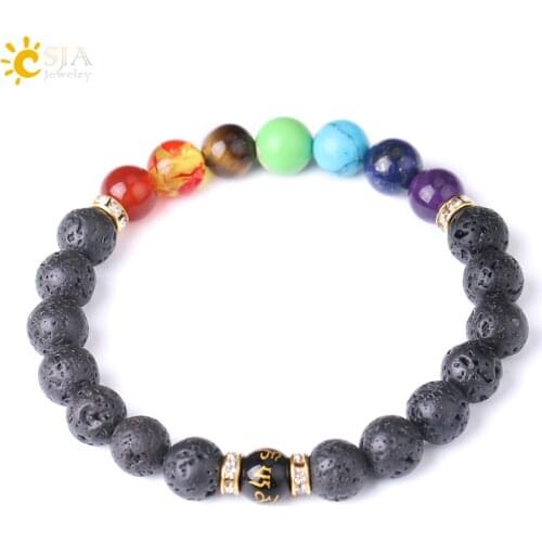 CSJA 8mm Mens Healing 7 Chakras Natural Black Lava Stone Beads Bracelets Meditation Ethnic OM Balancing Wristband Jewellery F284