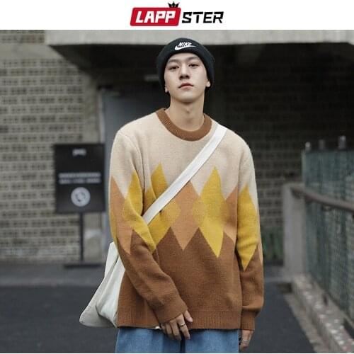 LAPPSTER Men Argyle Harajuku Oversized Sweater 2021 Mens Korean Fashion Knitted Patchwork Pullovers Man Vintage Casual Sweaters