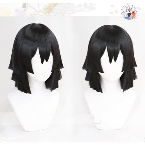Anime Demon Slayer: Kimetsu no Yaiba Iguro Obanai Cosplay Wigs Black Heat Resistant Synthetic Hair Wig + Wig Cap