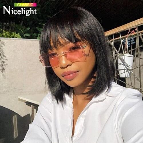Nicelight Peruvian Remy Hair Wig Full Human Hair Wigs 150% Density Short Bangs Straight Wig Blunt Cut Bob Wig Pre Plucked