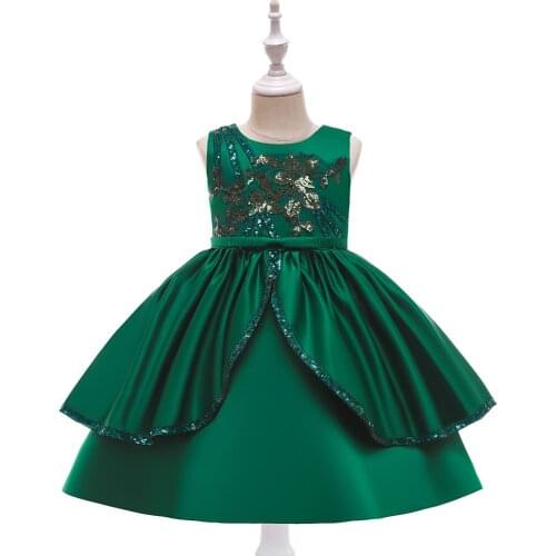 Flower Girl Dress Satin Green Puffy Wedding party Dress Girl Sequins First Communion Attended Princess Evening Dress