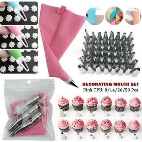 Silicone Pastry Bag Tips Kitchen DIY Cake Icing Piping Cream Cake Decorating Tools Reusable Pastry Bags 8/14/26/50Pcs Nozzle Set