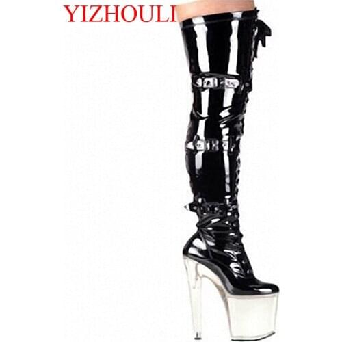 Ultra 20cm Over The Knee Sexy Boots Soft PU Leather Thigh High Boots Sexy High Heel Shoes Platform Crystal Dance Shoes