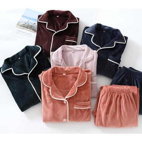 Thicken short plush couple keep warm pajamas sets women men sleepwear Japanese simple long-sleeve Winter lovers pyjamas